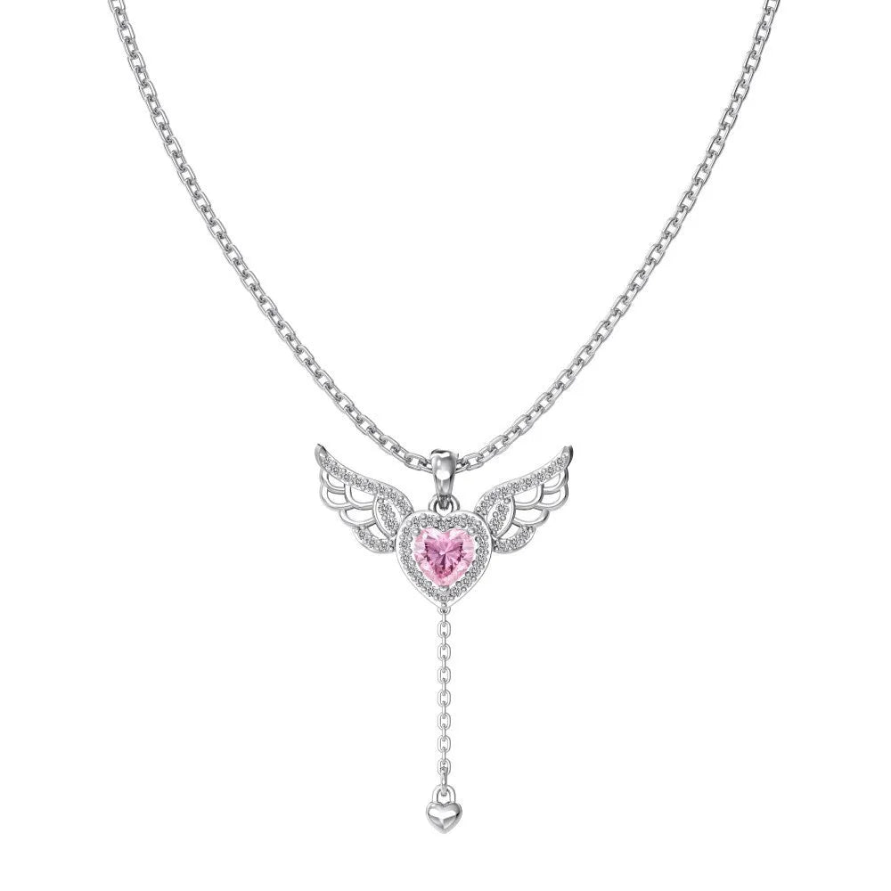 Fashion 925 silver necklace with heart-shaped wing and tassel pendant, platinum finish, 26x36mm