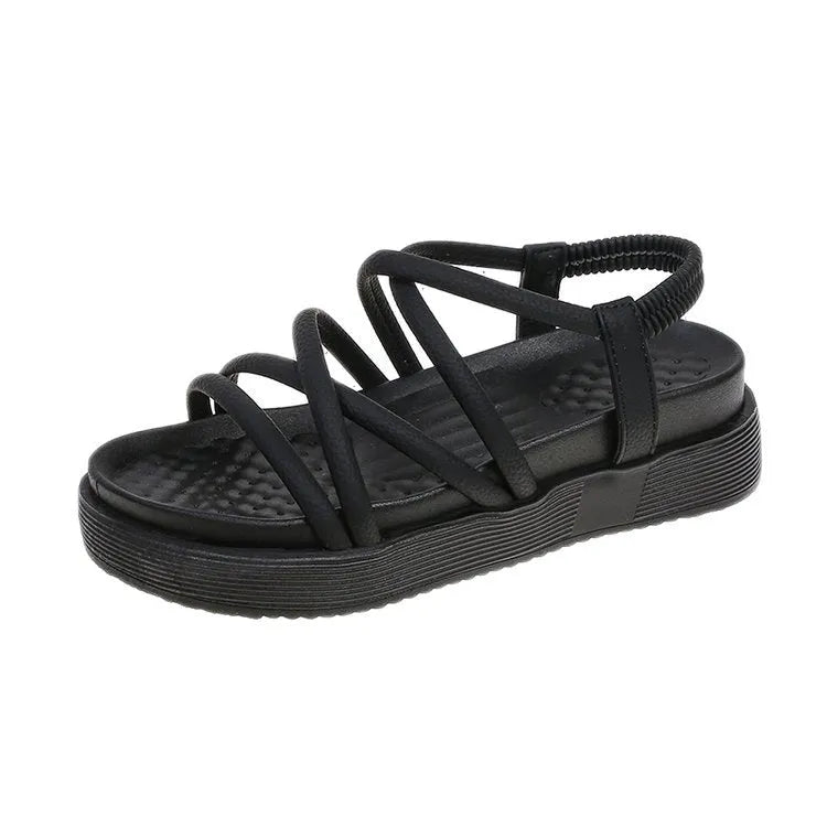 Women's black Roman platform sandals with adjustable straps and TPR sole