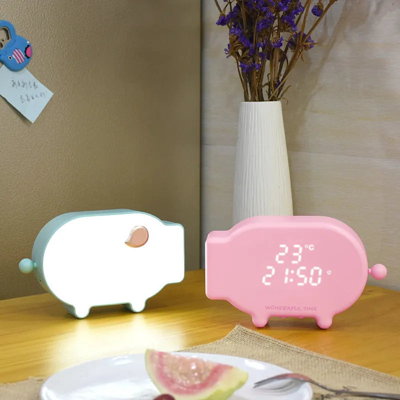 Blue USB-powered LED alarm clock with temperature display and charging port