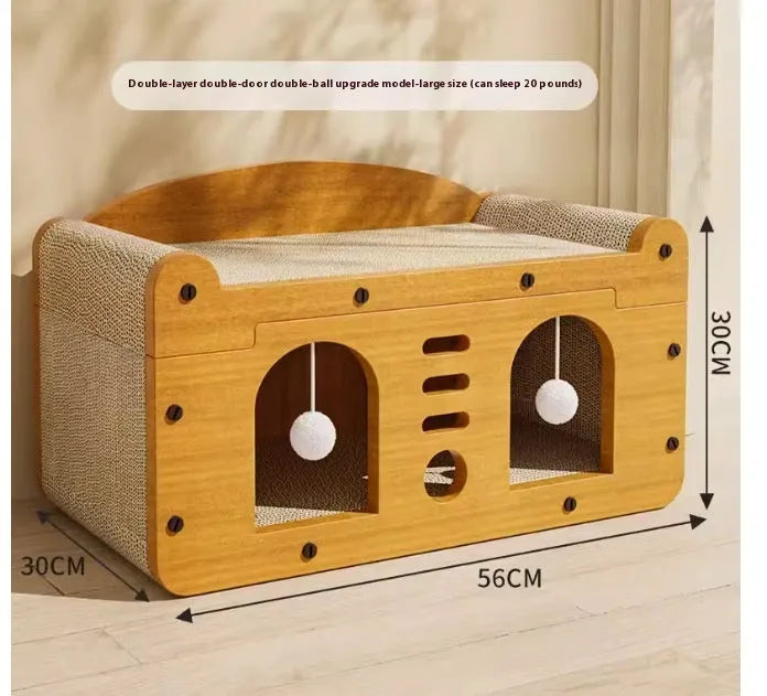 Corrugated paper double-layer cat house with double ball double door design for indoor cats