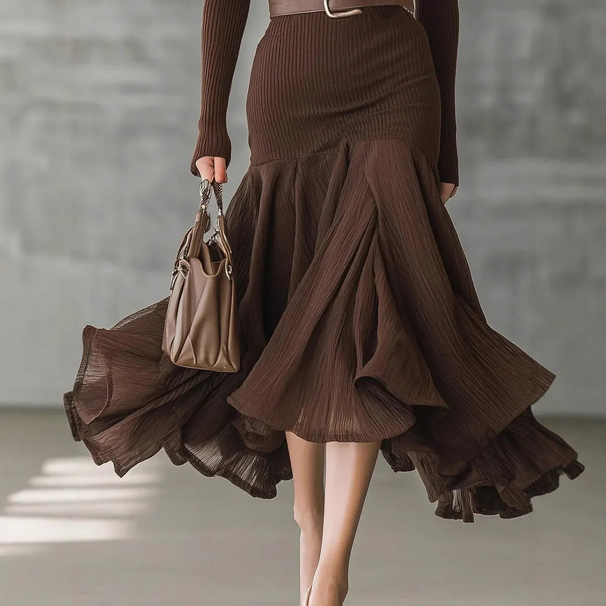 Stitching V-neck long-sleeve dress long skirt in solid dark brown with asymmetric hem