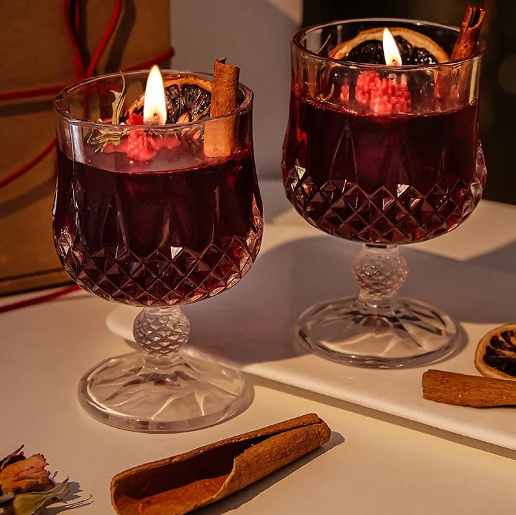 Glass goblet aromatherapy candle with French mulled wine style and jelly crystal design