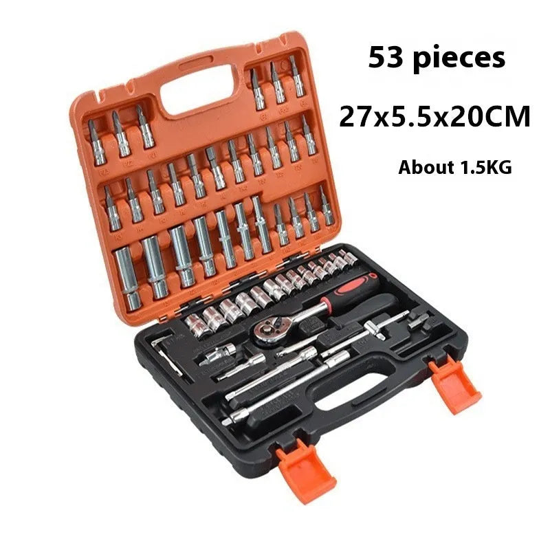 Red and black storage box containing a 53-piece socket wrench and ratchet spanner set for household maintenance