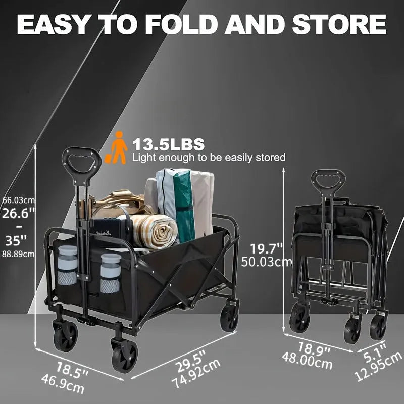 Collapsible metal garden wagon cart with attached storage box, shown folded and unfolded.