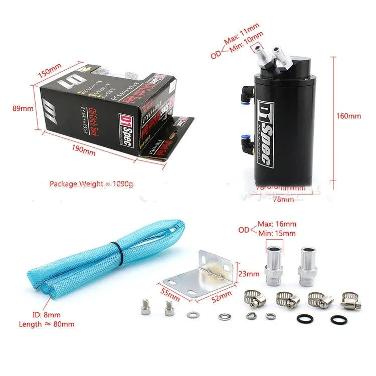 Car modification oil catch tank shown in square and round shapes in black, blue, red, silver colours