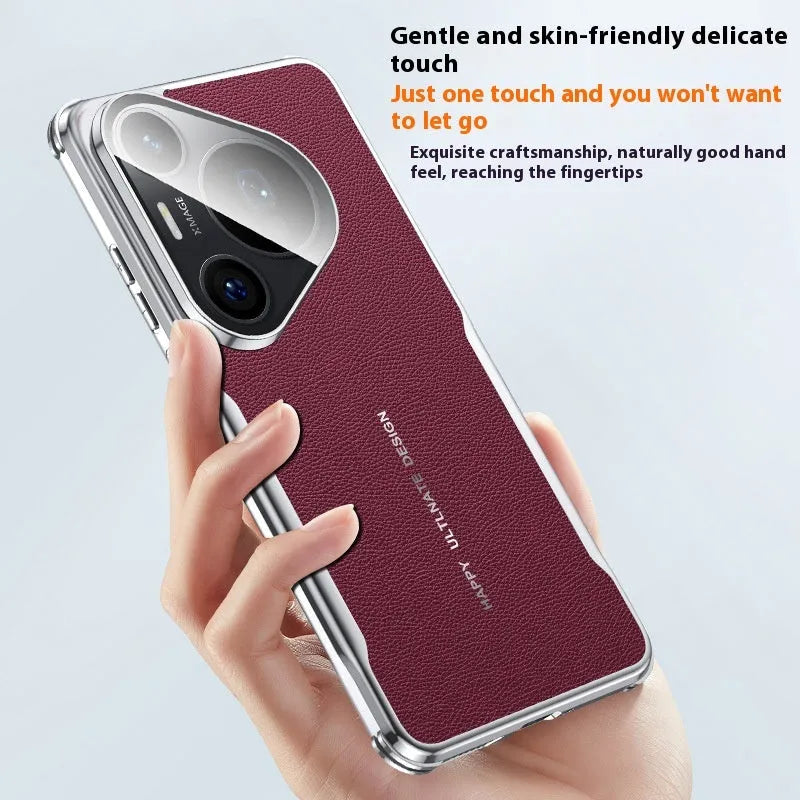 Black leather phone case for Huawei Pura with a folded-out metal stand bracket.