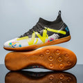 Black and yellow low-top football boots with removable studs on a non-slip rubber sole.