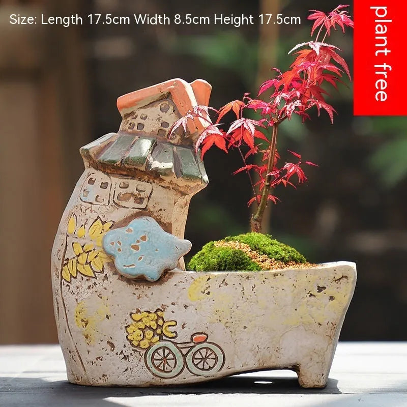 Hand-painted large ceramic succulent flower pot with pastoral design in colour A