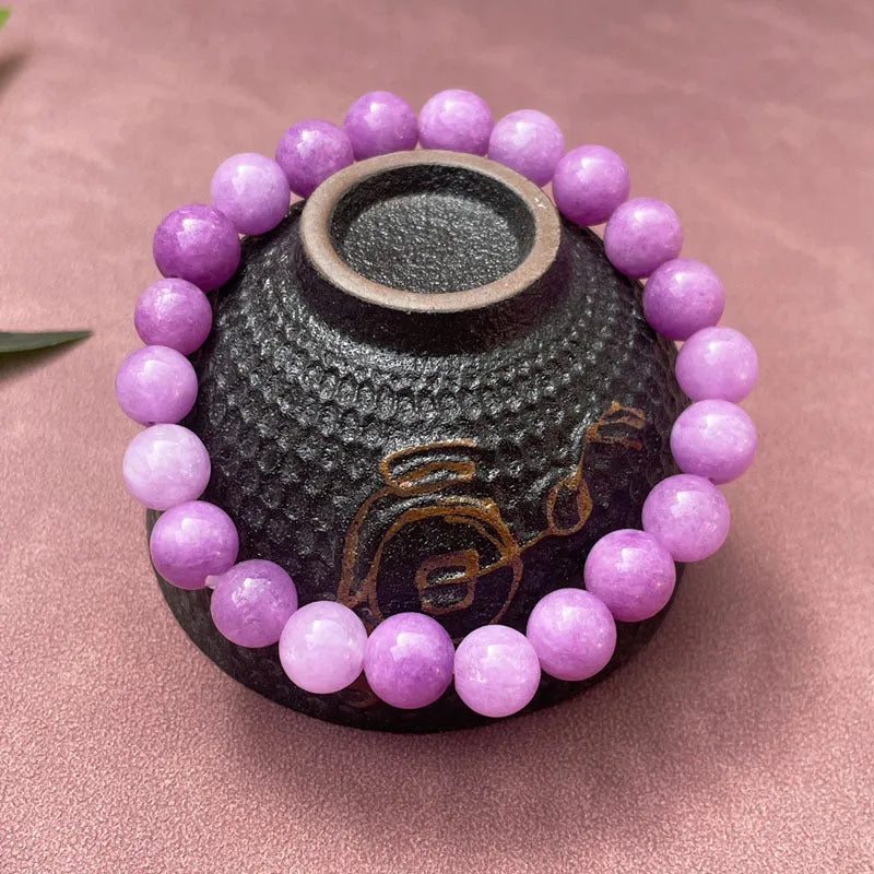 Purple quartz jade bracelet with six-word blessing curse in Chinese style, showing single circle and plain three circle bead options.