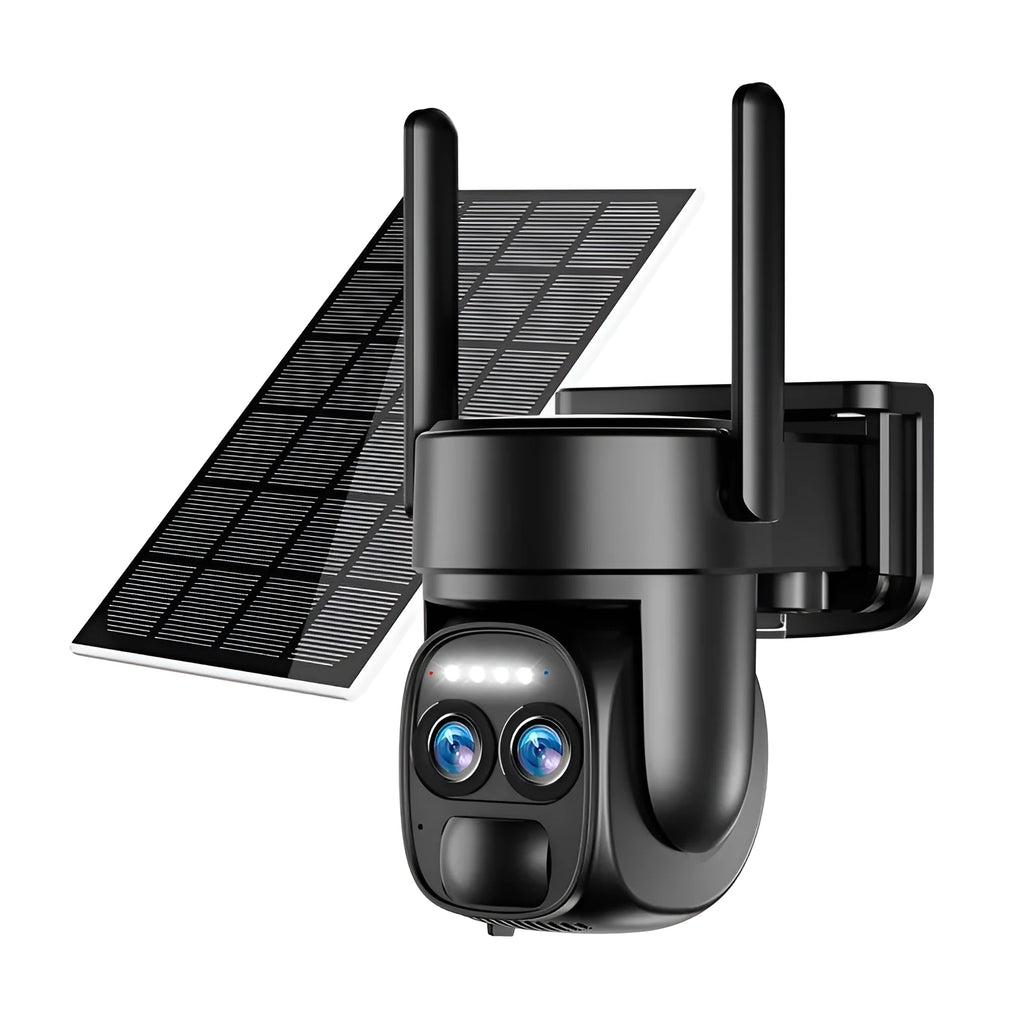 Solar-powered outdoor security camera with 8x zoom lens for household surveillance