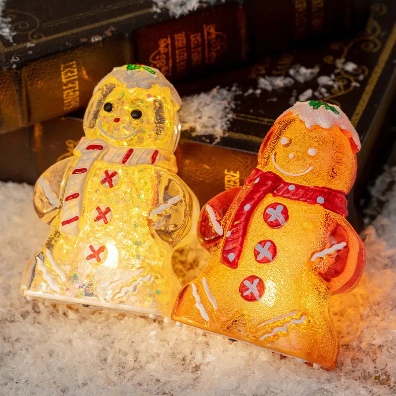 Plastic glowing gingerbread man Christmas ornament with a scarf in red, white, or transparent colours.