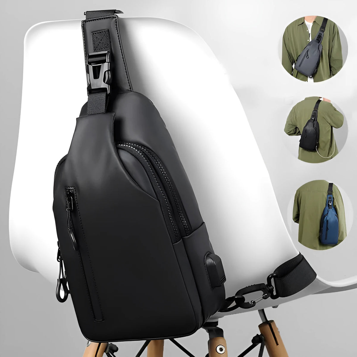 Black sling crossbody chest bag for men with zipper closure and stitched detail on a white background