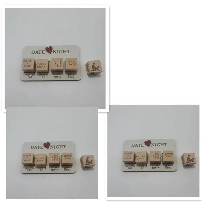 Wooden date night dice set with five natural wood dice, date planner board, and black storage bag for couple games