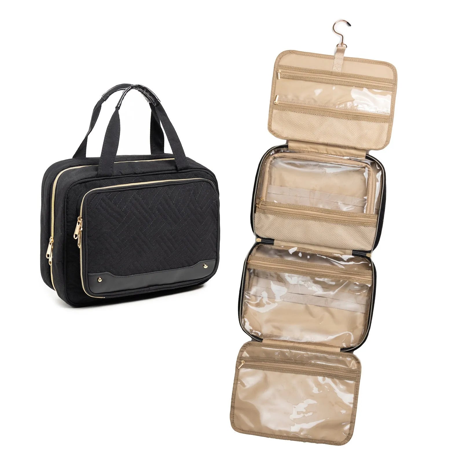 Waterproof polyester hanging cosmetic bag with internal compartments in pink colour