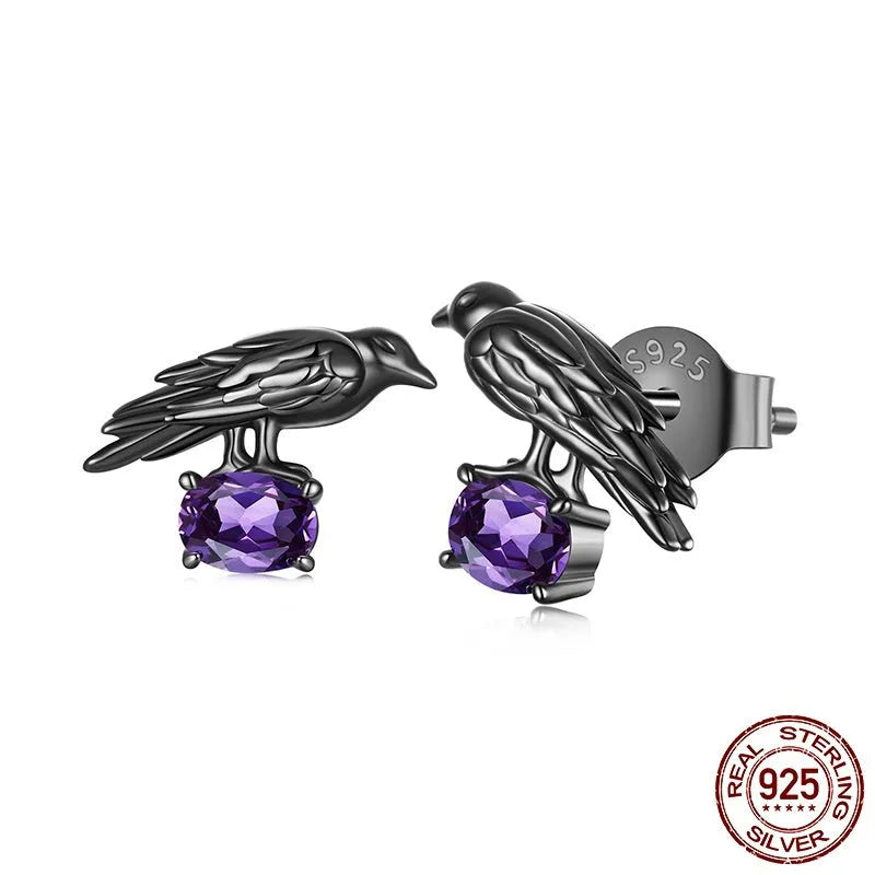 Halloween dark style crow stud earrings in S925 sterling silver with black electroplating for women