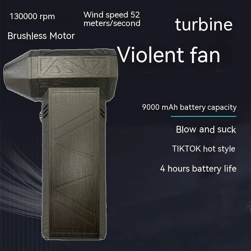 Iron Grey cordless handheld turbo fan air duster blower with brushless motor on a workbench.