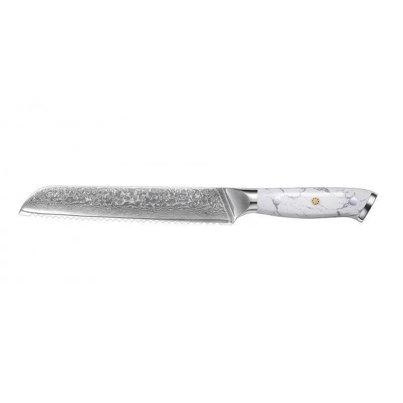 Damascus pattern chef's knife with 32cm total length on kitchen counter