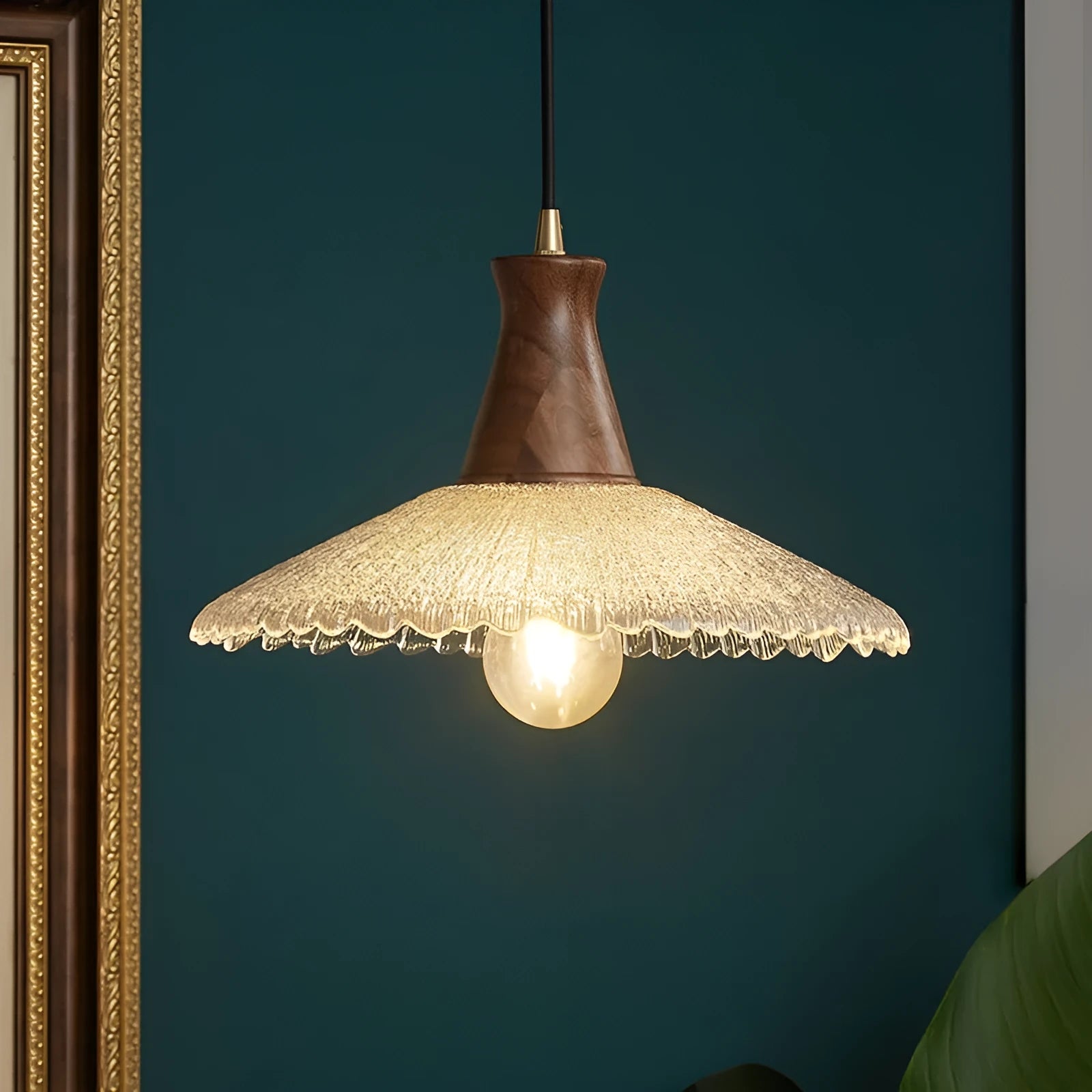 Retro wooden chandelier with glass shade and brass fittings for ceiling lighting.