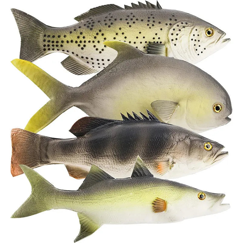 Three PU simulated fish ornaments: yellow-fin tuna, small tuna, and yellow croaker marine models