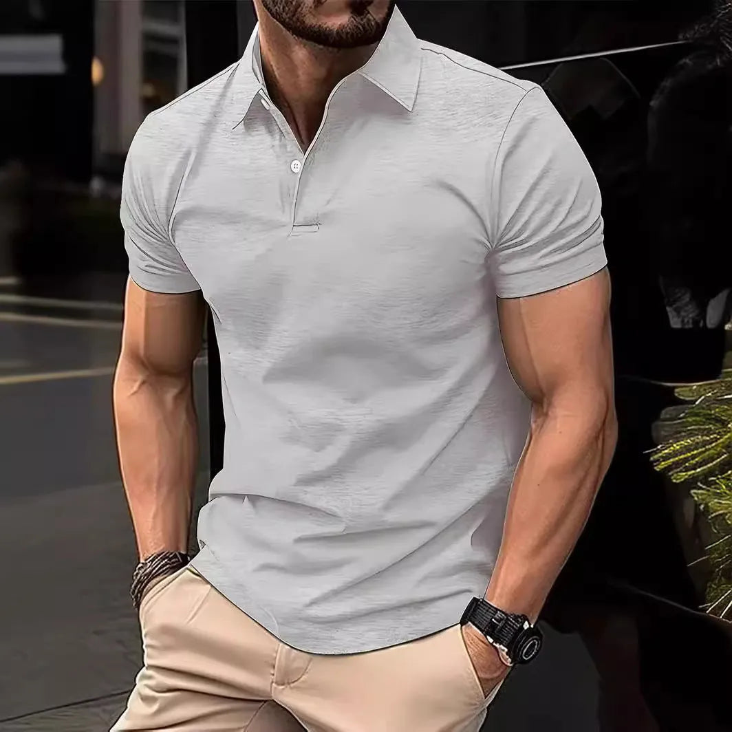 Men's solid colour slim fit short sleeve shirt on a hanger, showing the collar and button placket.