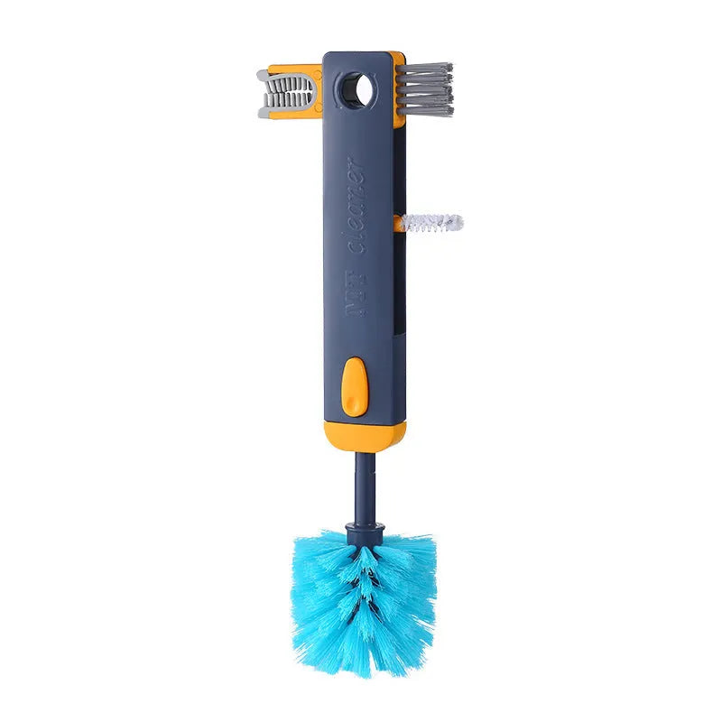 Blue and grey 4-in-1 bottle gap cleaner brush with U-shaped silicone head and multiple cleaning attachments