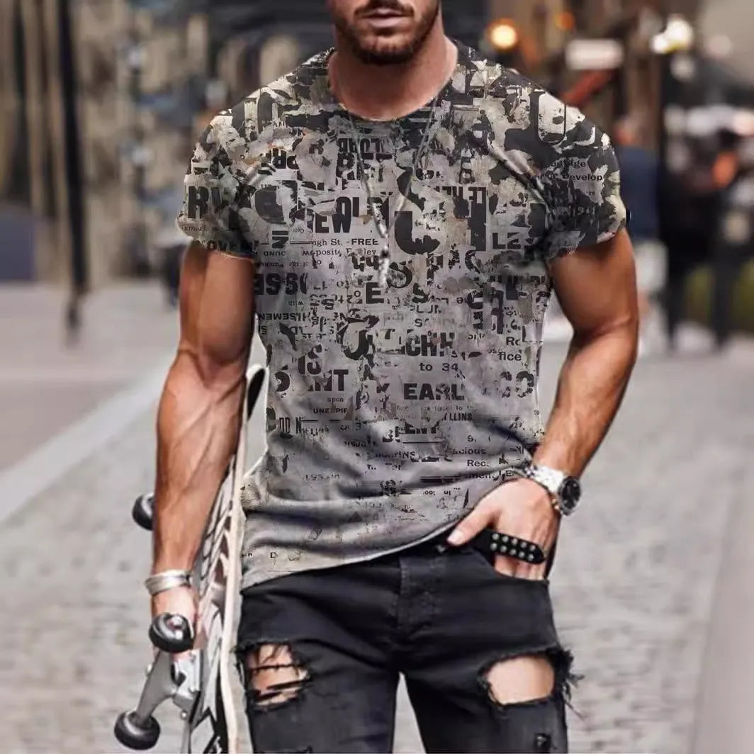 Men's loose fit short-sleeve T-shirt with a digital camouflage print on milk silk fabric.
