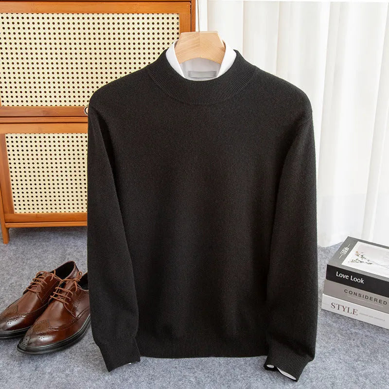 Men's half-collar loose fit wool sweater in a range of colours including black, brown, camel, grey, blue, and red.