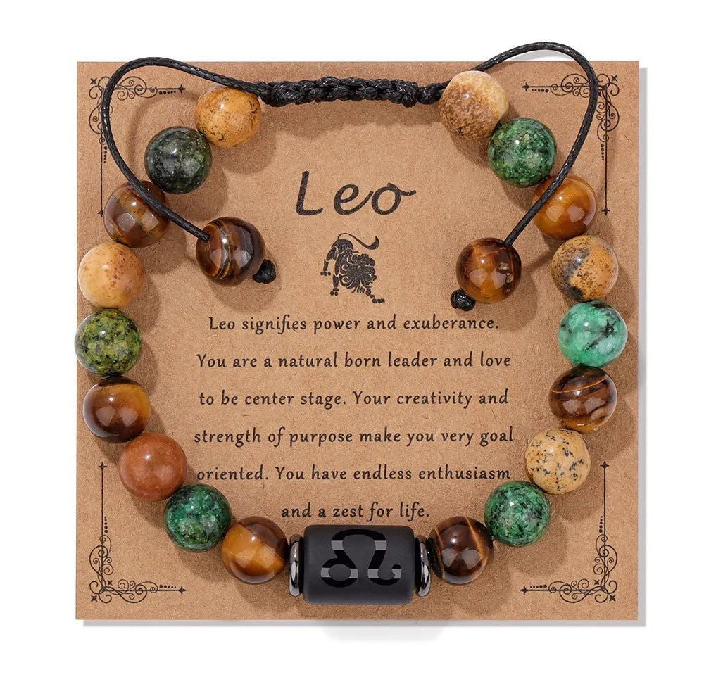 12 constellation woven men's retro natural stone bracelet with agate beads, 19cm length, unisex zodiac design