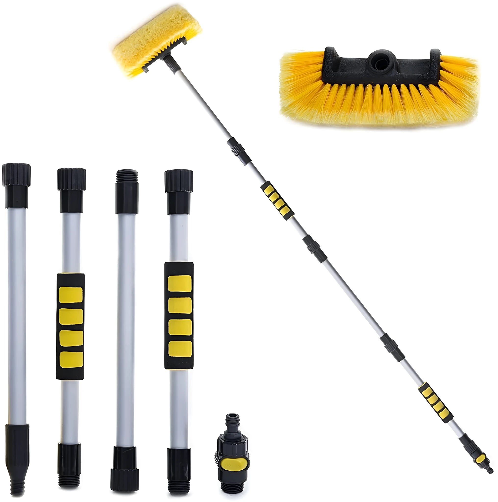 Yellow portable car wash brush with four-section removable rod and flow-through brush head