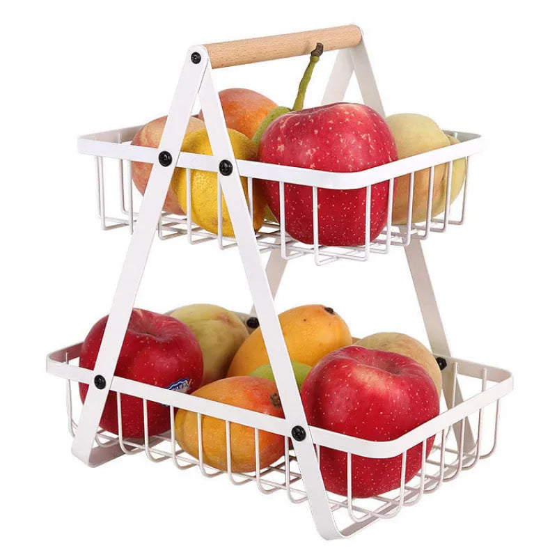 Black detachable double-layer iron fruit basket with wooden handle showing separated and stacked configurations