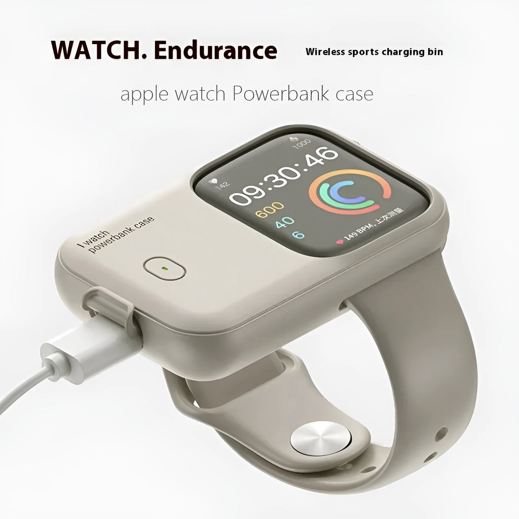 Apple Watch portable charging case with silicone protective case in Brown, Midnight Blue, and Starlight colours