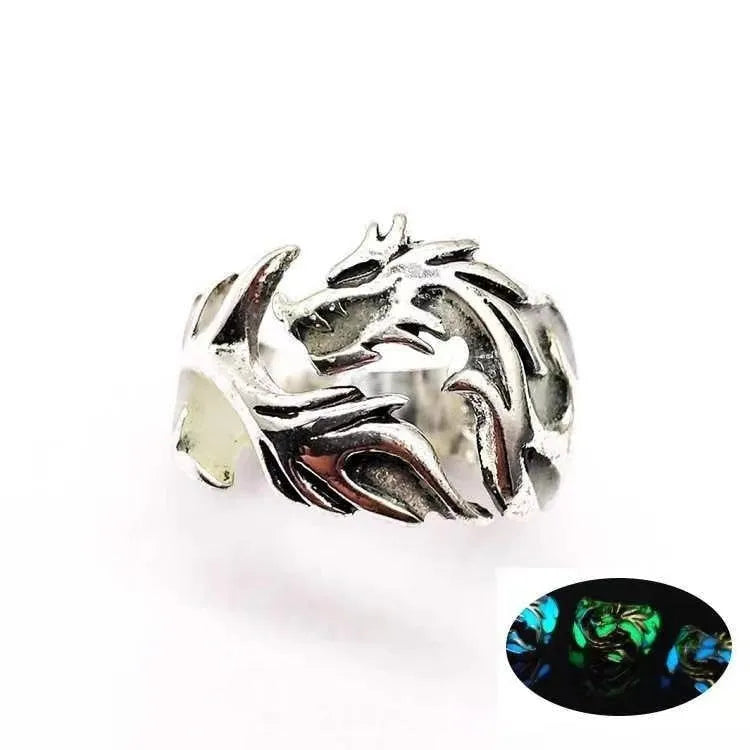 Chinese dragon pattern ring with adjustable opening in antique silver blue and green