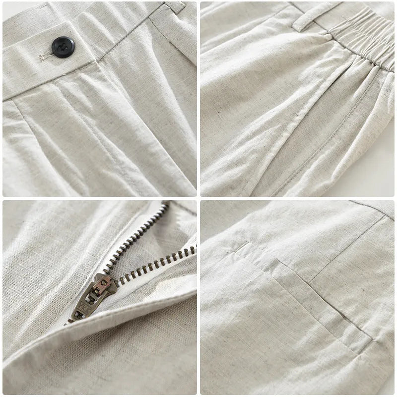Man wearing loose fit brown cotton linen straight-leg trousers with a casual top.