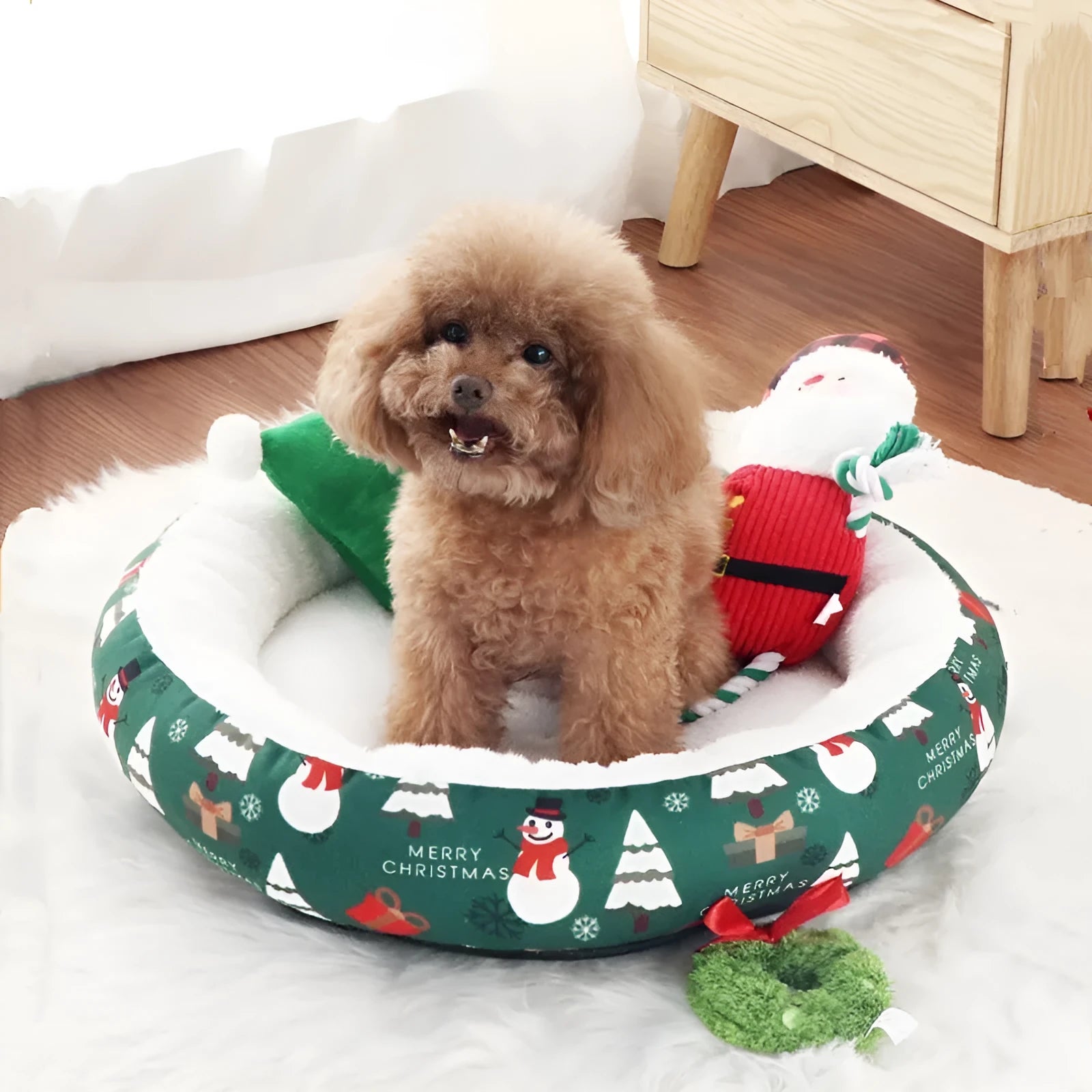 Christmas pet bed in red and green with snowman and tree prints, size S 35x35x6.5cm, made of flannel and Arctic fleece