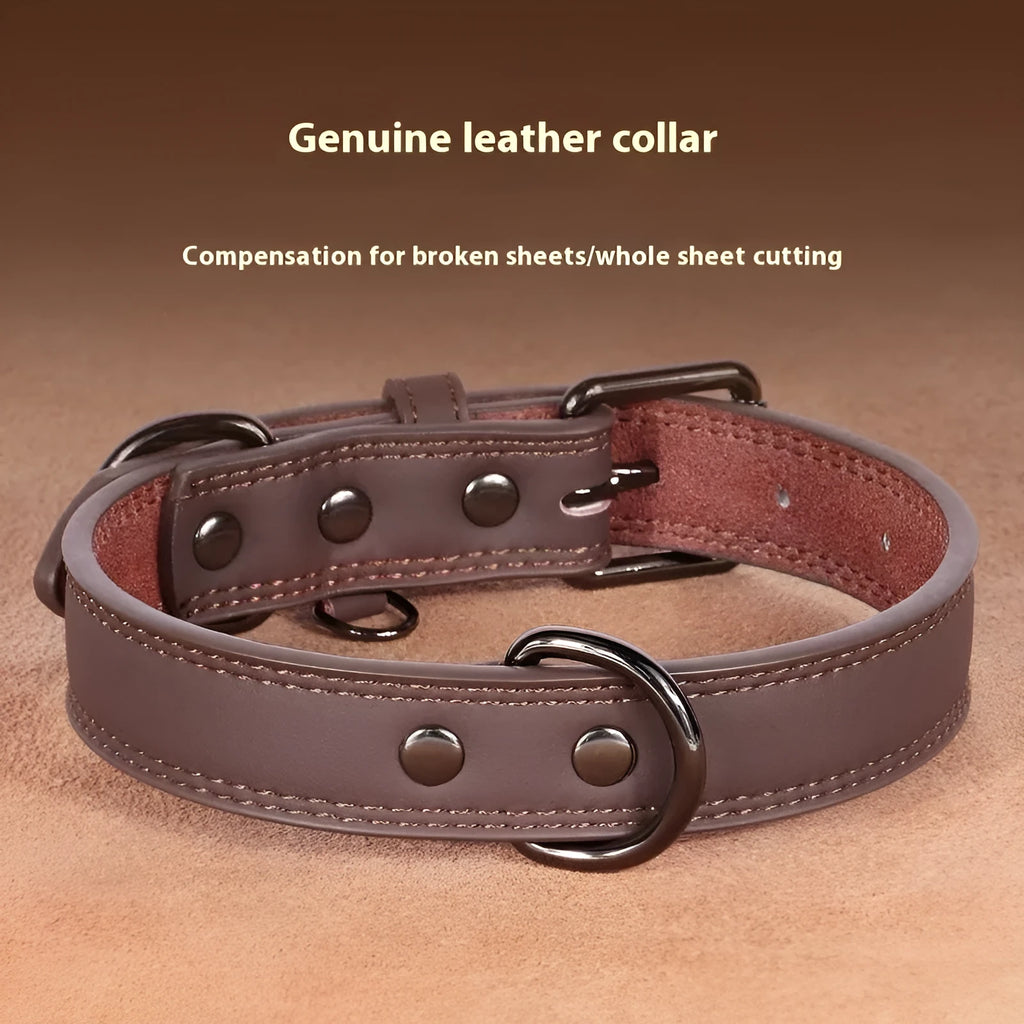Brown first layer cow leather pet collar with leather bell pendant, anti-lost design for cats and dogs