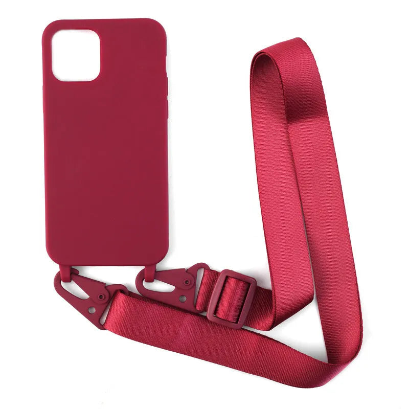 Buckle ribbon lanyard TPU phone case for Samsung models in black with ribbon attachment