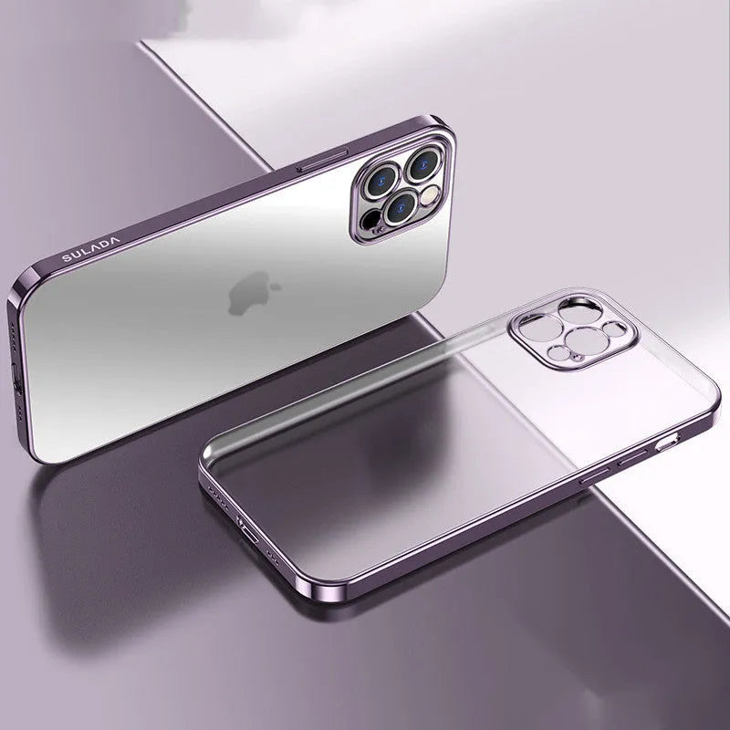 Clear matte square frame silicone phone case for iPhone showing transparent design with coloured accents