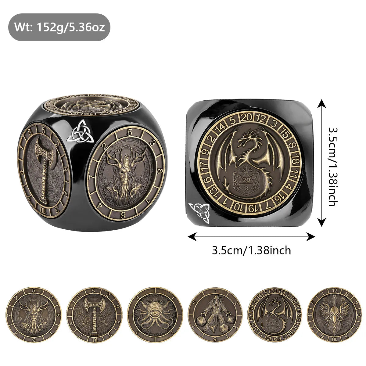 6-pack retro metal dice wheel gift box set in bronze, dark silver, and black zinc alloy with compact 3.5 cm size