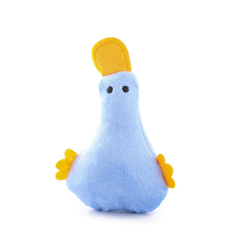Colourful soft plush duck pet toy with catnip, a squeaker, and a rattle for cats and dogs