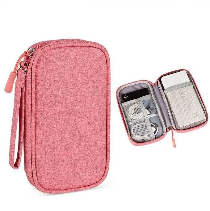 Portable data cable buggy bag in light gray, handbag style, 19x11x3 cm, on flat surface