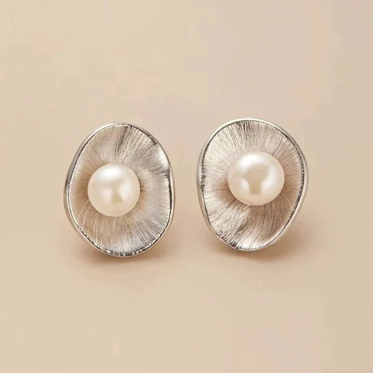 Pearl sterling silver geometric needle earrings for women with electroplated finish