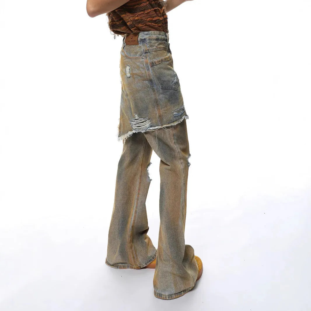 American street style loose hole bootcut pants in picture colour with high waist design