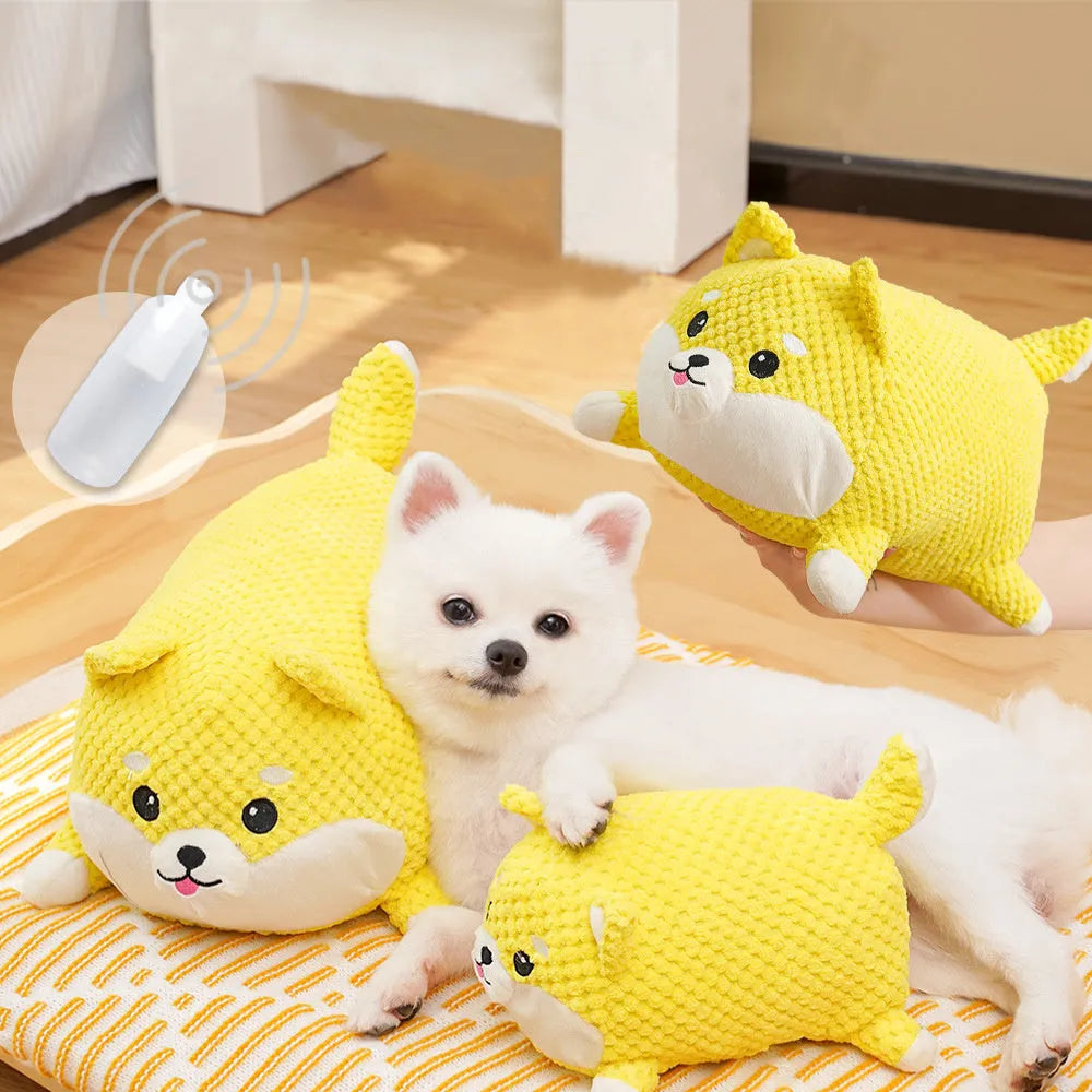 Plush calming dog toy with squeaker for chewing and anxiety relief, shown in large and medium sizes.