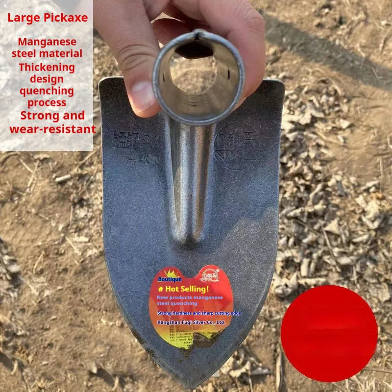 Agricultural flat pointed hoe with a steel horse tip, made from manganese steel.