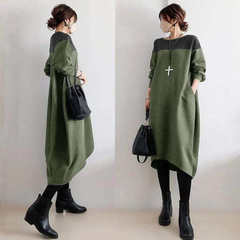 Loose oversized round neck patchwork dress for women, long flutter sleeves, high waist pencil skirt, grey or army green