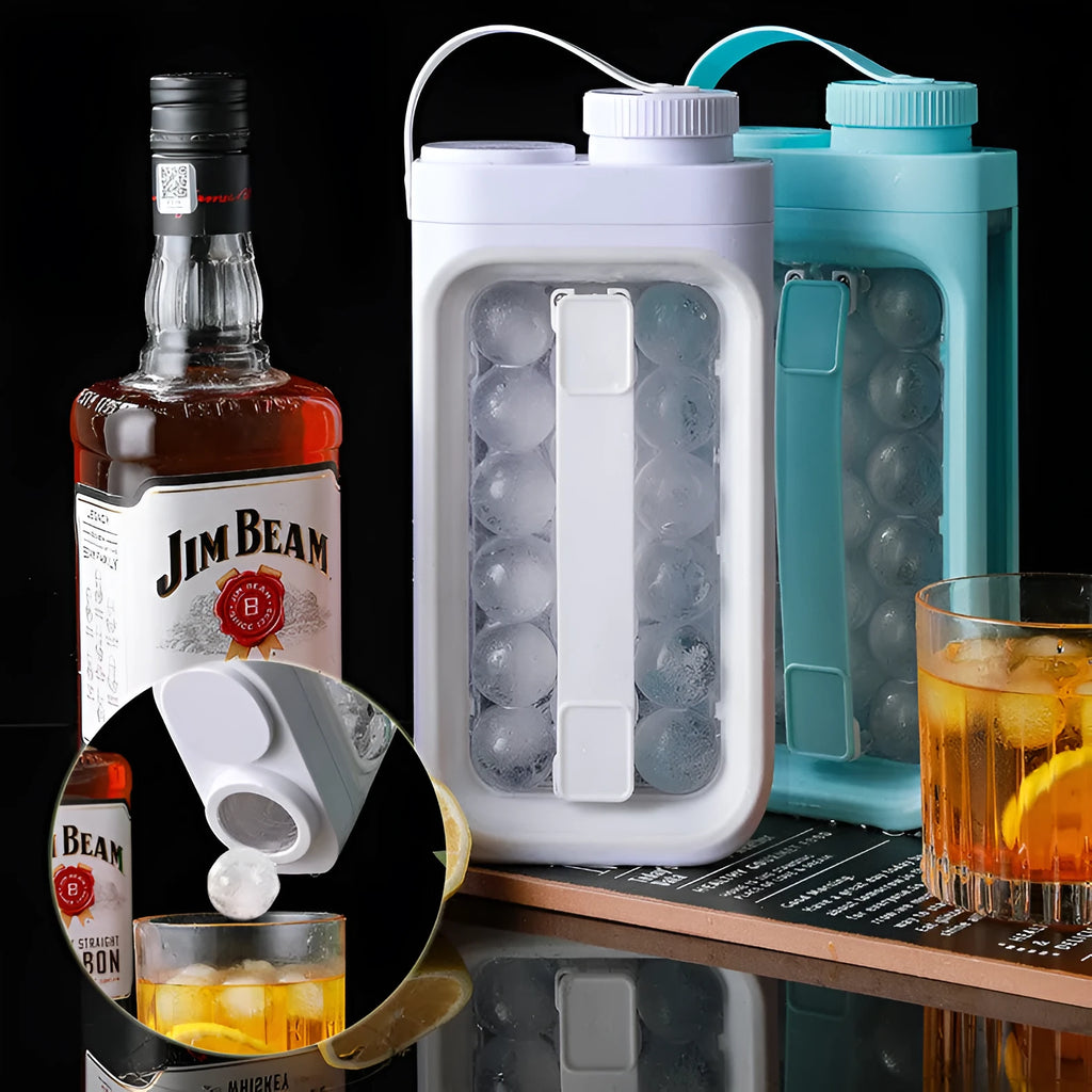 Light blue and white 2-in-1 ice ball tray and portable cold water bottle kitchen gadget.
