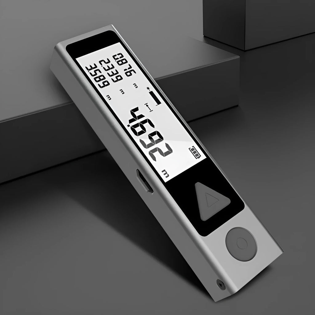 Mini Bluetooth infrared pen laser rangefinder with LCD screen, ABS plastic body, and Micro USB charging port