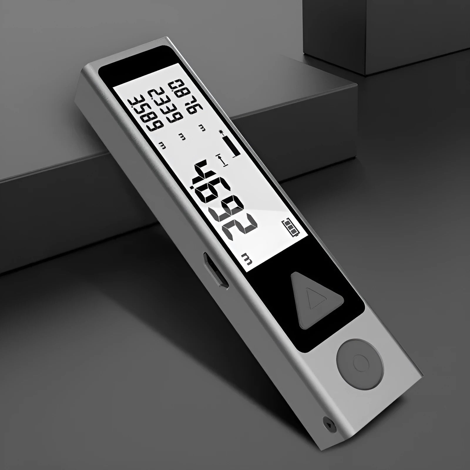Mini Bluetooth infrared pen laser rangefinder with LCD screen, ABS plastic body, and Micro USB charging port