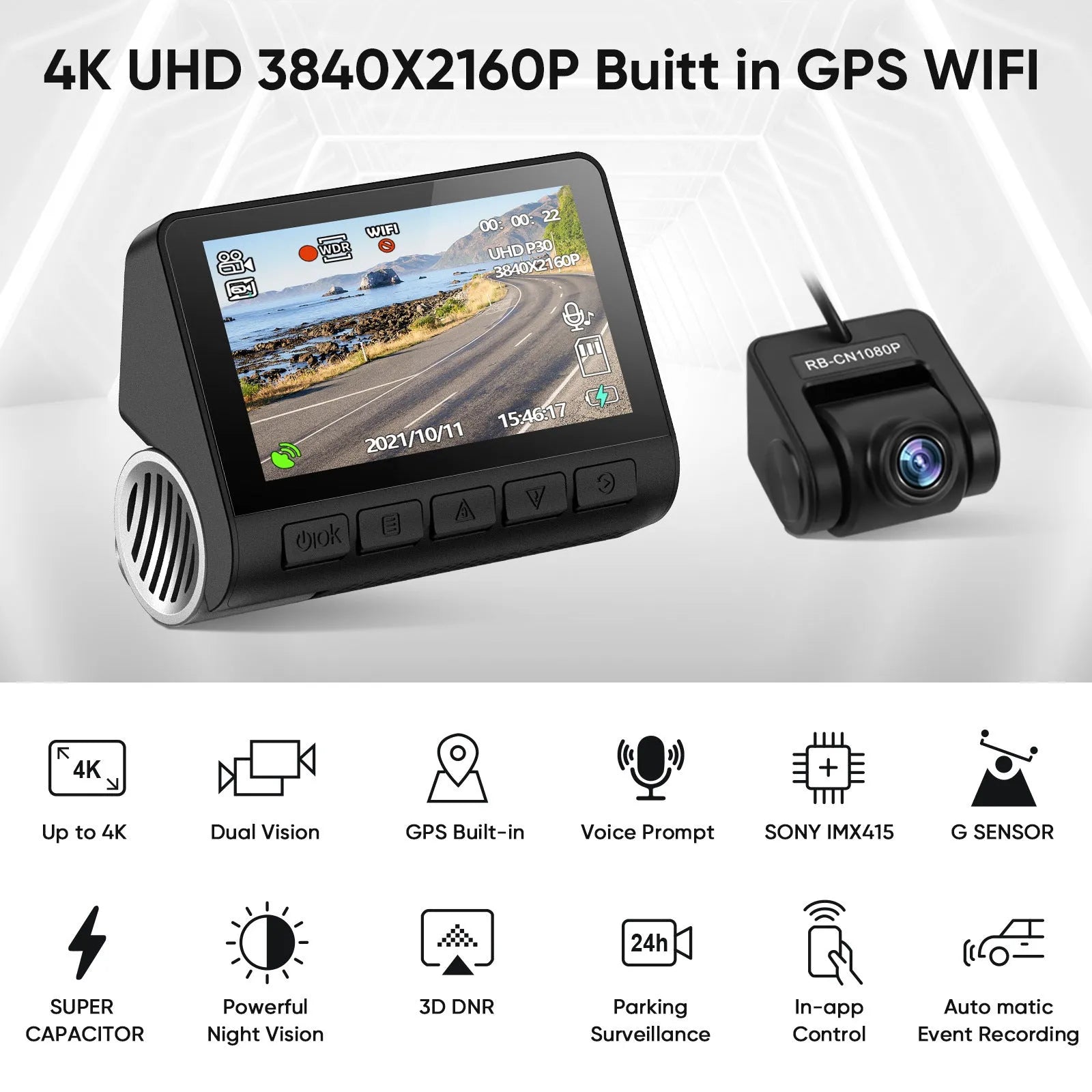 V55 4K UHD night vision car camera dash cam with double lens and front windshield mount in black