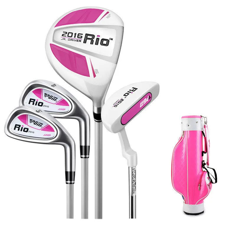 Children's golf club set with forged aluminium wood, carbon shafts, ball bag, tee, black and white finish